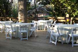 Several tables with white table clothes and chairs on a deck next to a gorilla habitat.