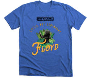 A blue t-shirt depicting Floyd the gorilla with the tagline "Little but Legendary"