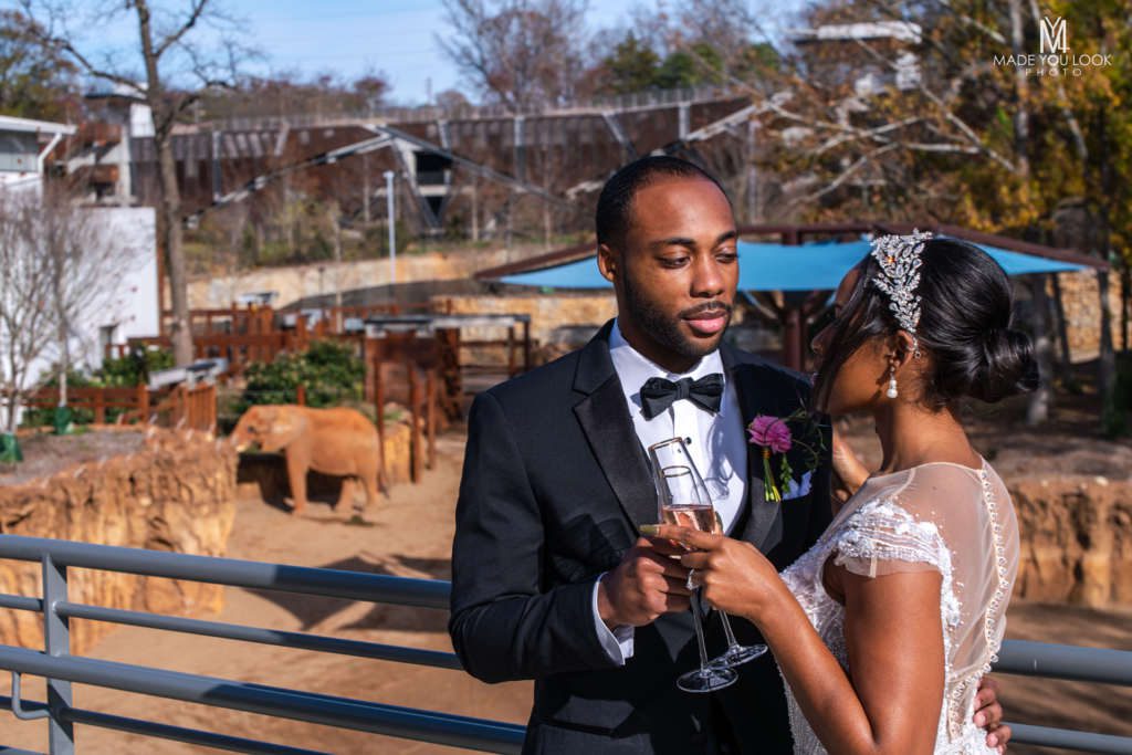 On a balcony overlooking the elephant habitat, a couple dressed in formal attire pose while toasting glasses champagne.