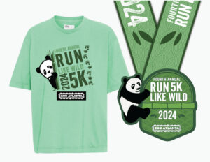 A mockup of the Run Like Wild T-shirt and medal for 2024's 5K race. A design featuring a panda with the logo on a light green shirt.