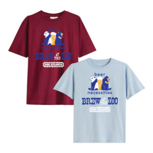 A burgundy and light blue t-shirt with the 2023 Brew at the Zoo logo