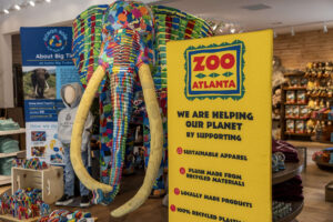 A large elephant statue made from recycled flip flops in the new Explorer Store gift shop.