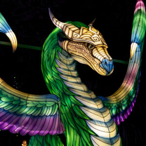 An illuminated lantern depicting an imaginary Quetzalcoatl