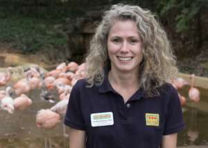 Vice President of Collections and Conservation Jennifer Mickelberg poses in front of the flamingo exhibit.