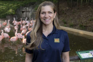 Associate veterinarian Dr. Kate Leach posing in front of the flamingo habitat